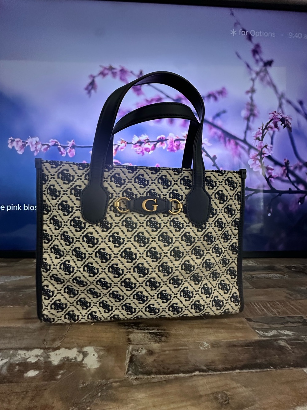 Guess Navy and Cream Signature Tote with Gold G Accent